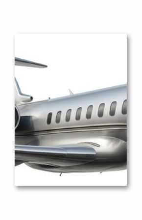 Sleek silver private jet with streamlined design and prominent engine intake on transparent background.