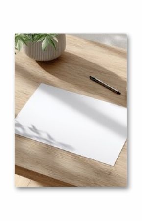 Overhead shot of a blank sheet of paper on a wooden desk with coffee and a pen, natural light creating soft shadows and warm tones, ready for ideas and creativity.