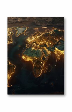 Stunning view of world map illuminated by city lights, showcasing vibrant energy of urban areas across continents. contrast between land and ocean highlights interconnectedness of global cities