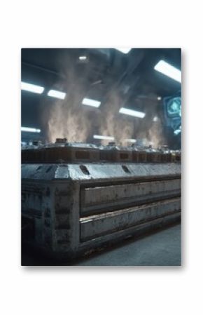 Industrial power unit steaming in a dark, futuristic high-tech garage.