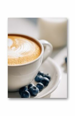 Delicious latte art with fresh blueberries and milk, showcasing a delightful coffee break scene in bright light