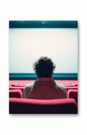 Man Alone in Movie Theater Watching Blank Screen, Empty Seats, Opportunity and Potential for Entertainment
