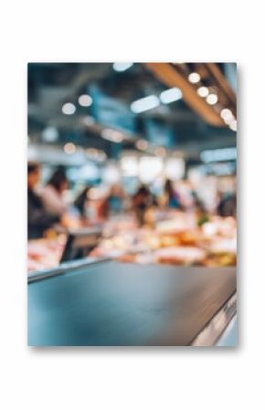 Busy Supermarket Checkout Conveyor Belt with Shoppers in Background Blurring the Hustle and Bustle