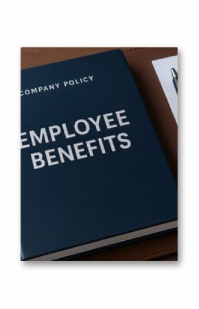 Employee benefits company policy book with pen and notepad on leather surface, symbolizing workplace guidelines and professional documentation