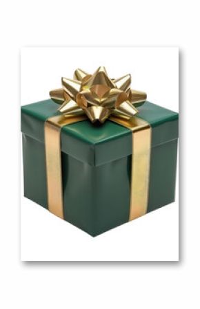 Luxurious green present wrapped with shiny gold ribbon and bow, perfect for Christmas, holidays, birthdays, or special occasions.