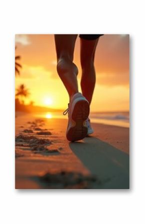 Runner feet hit wet sand on a tropical beach during a vibrant sunrise. Palm trees line the coast as gentle waves lap the shore. Person pursues morning exercise for health, energy, and well-being.