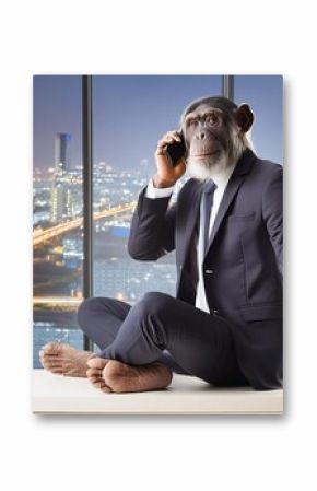 Chimpanzee businessman wearing a suit sitting on desk in company office. AI generated image.