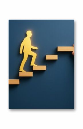 Businessman silhouette stepping up wooden blocks with assistance on dark blue background, symbolizing career growth and success concept.