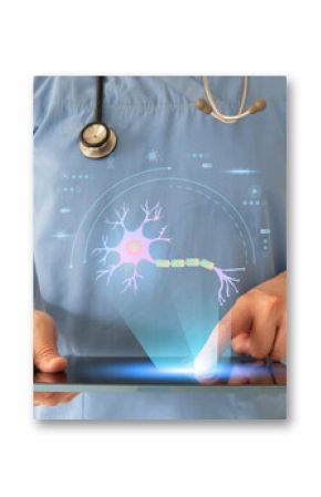 Neurologist studies and analyzes neuron structure hologram by digital tablet. Diagnosis and treatment of neurological disorders include MND, ALS, alzheimer disease and parkinson disease.