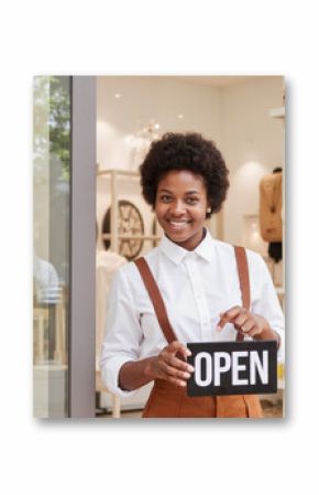 Portrait of young adult Black woman standing at entrance of boutique holding open sign smiling at camera, handbags and accessories displayed in background, welcoming customers inside