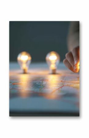 Hand places glowing light bulb on map, symbolizing ideas and innovation. scene conveys creativity and strategic planning, with multiple lit bulbs illuminating workspace