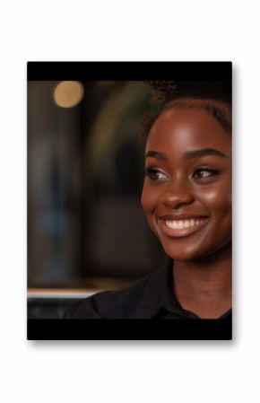 Young woman with bright smile is engaged conversation, showcasing her friendly demeanor. She has curly hair styled bun and is wearing black shirt, creating professional appearance. background