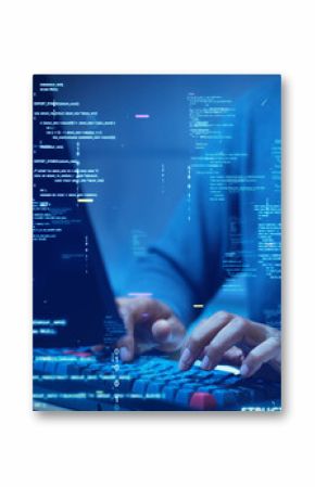 A developer types on a computer with glowing code and binary symbols overlay, symbolizing programming, software development, cybersecurity, and digital technology.