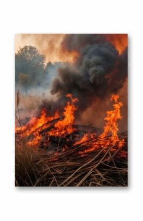 A raging fire producing dense smoke while destroying dried grass and reed fields, emphasizing the ecological impact of burning leaves and natural disasters.