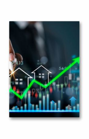 Businessman drawing rising green arrow with house icons, real estate investment growth, property market analysis and housing financial success concept.