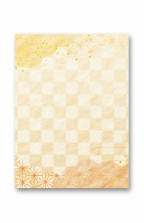 秋・紅葉　オレンジ　和柄　金・高級感・雲　市松模様　和紙の背景  