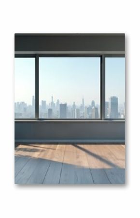 Modern empty apartment interior featuring polished wood floors, large windows with panoramic city skyline view. Sunlight streams in, casting shadows across spacious, blank room, minimalist decor,