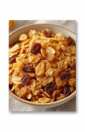 Bowl of Raisin Bran Cereal with Autumn Accents on Linen Cloth