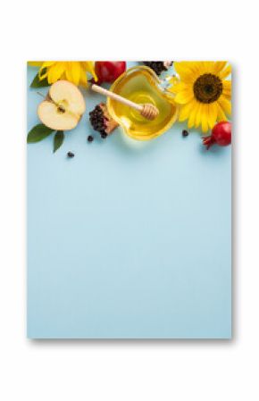 Rosh Hashanah vertical symbols including honey, apples, and pomegranate, framed by bright sunflowers