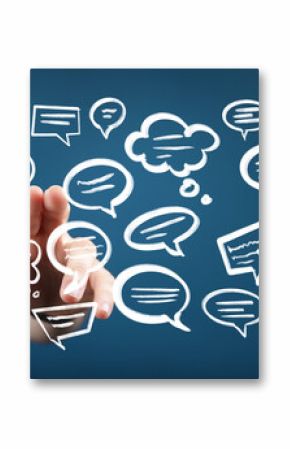 Hand interacting with digital speech bubbles,communication, conversation, social media concept.
