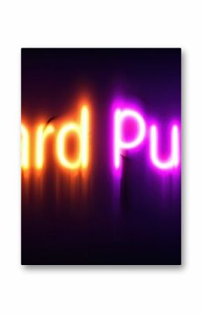 Bright neon sign displays words Hard Push. Vivid orange, purple glow dominates dark background. Simple typography, modern aesthetic.