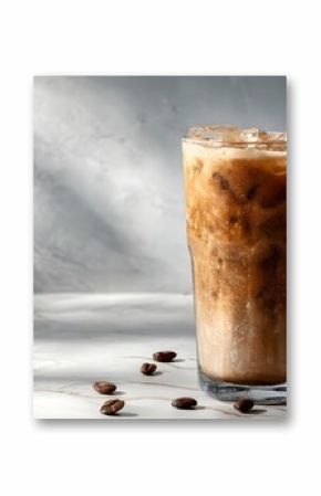 Iced coffee with milk and ice cubes in a tall glass on a marble surface with scattered coffee beans and natural light