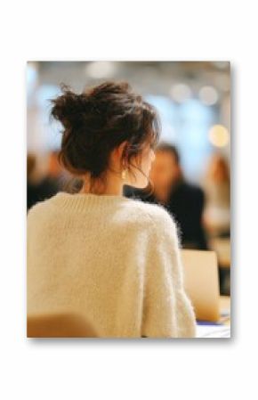 Businesswoman sitting at desk listening during conference meeting