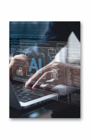 AI Artificial Intelligence technology for data analysis, research, planning and work generate programming. Man using laptop and AI assistant dashboard. Technology smart robot Agentic AI