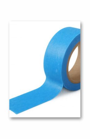 Vibrant blue masking tape roll partially unrolled, isolated on a transparent background, ready for various applications