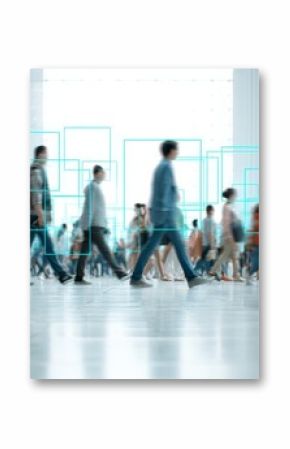 Artificial intelligence is tracking people walking in a public space using facial recognition and motion blur, highlighting the potential for surveillance and data collection in modern society