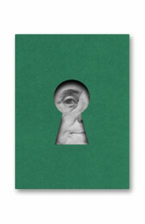 Creative composition. Eye of Benjamin Franklin behind keyhole on green background. Concept of money secrecy, surveillance, financial control, hidden wealth, and economic privacy.