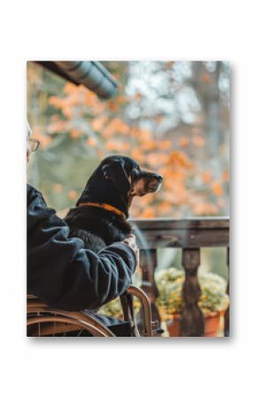 Elderly person in wheelchair enjoying peaceful moment with dog, gazing out at autumn scenery through large window, capturing warmth and companionship