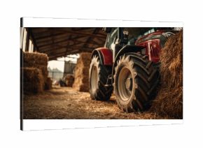 Tractor Ready to Work Alongside Hay Bales in Barn, Agriculture and Farming Industry