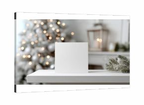 a mock up for a square white greeting card it sits on a white shelf and the background is white with white christmas tree branches bokeh and twinkling lights the c