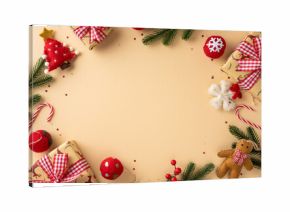 Colorful Christmas setup with wrapped gift, candy canes, pine branch, ornament, and gingerbread figure creates warm holiday vibes and New Year greetings in soft beige background