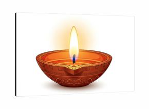 A lit Diya (oil lamp) with a flame in a decorative container, set against a png transparent.