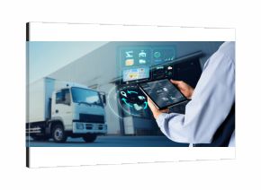 Business Logistics warehouse management system technology concept.Man hands using tablet on blurred warehouse as background