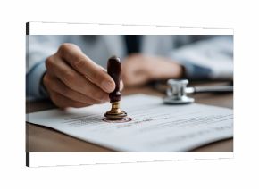 doctor is stamping an important medical document, indicating the confirmation of information, approval of treatment, issuance of a certificate, professional and legal work.