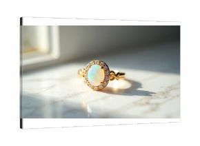 Opal gem encircled with diamonds in ring on marble table. Golden jewelry sparkles in soft light. Fashionable engagement ring with precious stone closeup shot. Luxury gift for woman. Fine art
