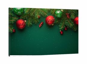Merry Christmas and Happy Holidays greeting card, frame, banner. New Year. Noel. Golden and red Christmas ornaments on green background top view. Winter xmas holiday theme.