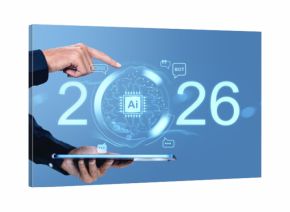 Futuristic AI technology concept for 2026 with digital interface and human interaction on blue background using online communication elements.