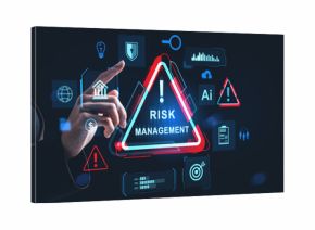 Businesswoman interacting with digital risk management hologram interface on dark background, representing futuristic data security concept..