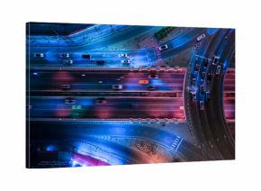 Expressway, Self-driving autonomous electric cars of the future with elements move along a busy traffic intersection. Artificial Intelligence, Car Scan, GPS Tracking, Smart Roads, IoT, highway