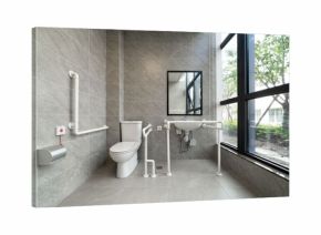 accessible bathroom with grab bars, large windows, and gray tiles