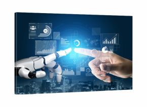 AI interacts with data analytics dashboard, reading trends, improving decisions, and enhancing insights using advanced data analytics capabilities. Vouch