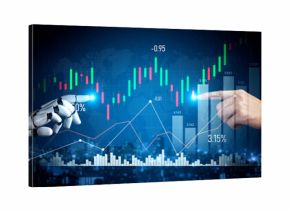 A human hand and a robotic hand point at ascending stock market graphs, symbolizing collaboration between technology and finance in data-driven decision making. Scalp