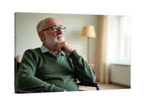 Disabled senior man in wheelchair feels loneliness at nursing home. Thoughtful elderly person with beard, glasses looks away, thinking. Old grandfather sits alone in room, contemplates life,