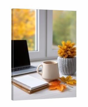 Flat lay of minimal tidy desk with laptop, coffee mug, open notebook, potted plant and fallen autumn leaves, soft warm window light, cozy home office vibe, autumn mood workspace