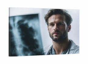 A focused male doctor holds a chest X ray examining its details in a bright medical setting