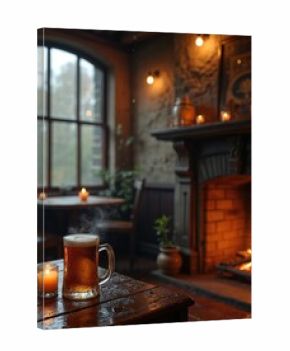 Warm inviting pub interior with fireplace and beer. A cozy English pub with a burning fire and candle. Mug of beer and candle on wooden table. Rainy day outside window.